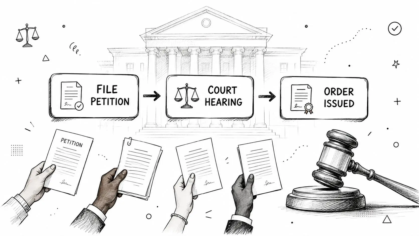 A conceptual illustration of the legal process showing petition filing, a court hearing, and order issuance.