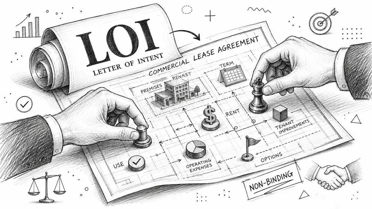 A professional pencil sketch showing hands negotiating a commercial lease agreement using chess pieces and strategic icons.