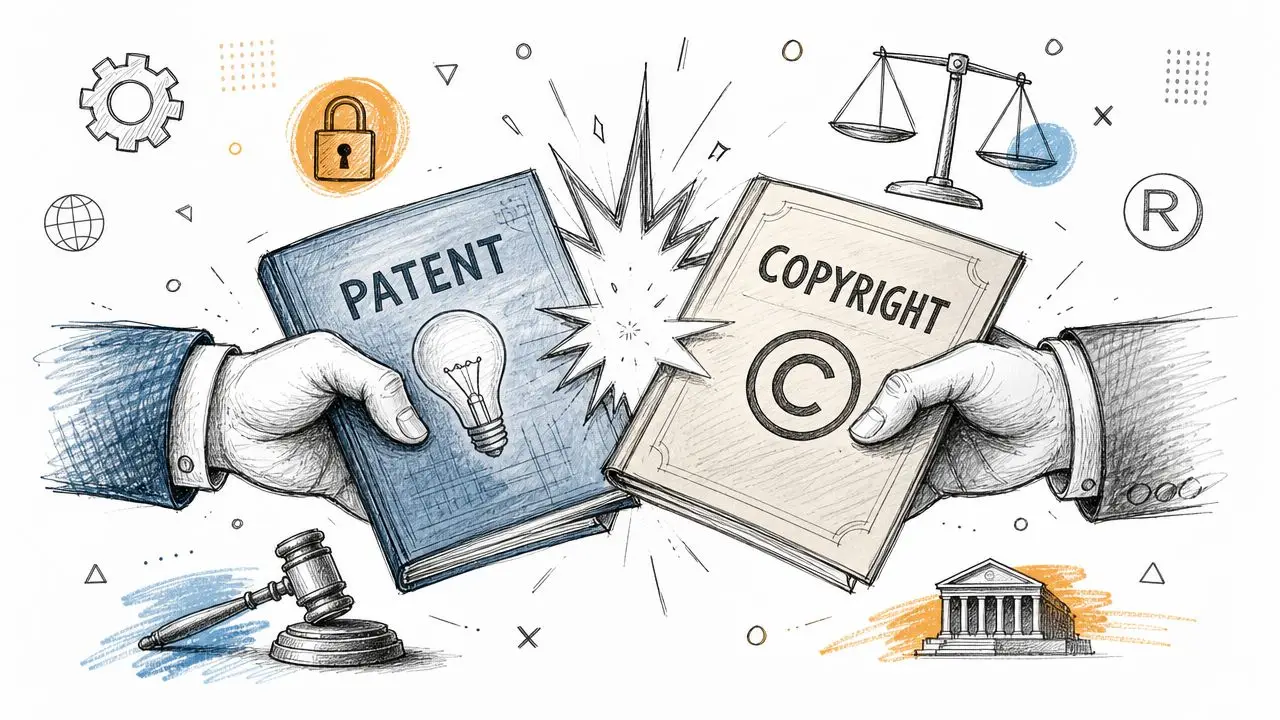 Conceptual illustration of a clash between a patent book and a copyright book held by hands.