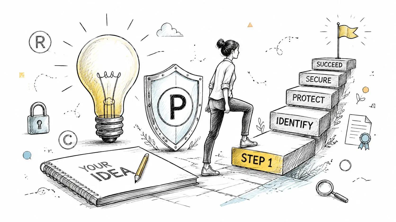 A person climbing stairs representing steps to protect an idea, including a lightbulb and a shield symbol.