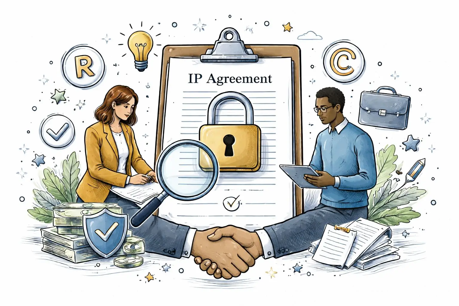 A professional illustration of two people shaking hands over an intellectual property agreement document with legal icons.