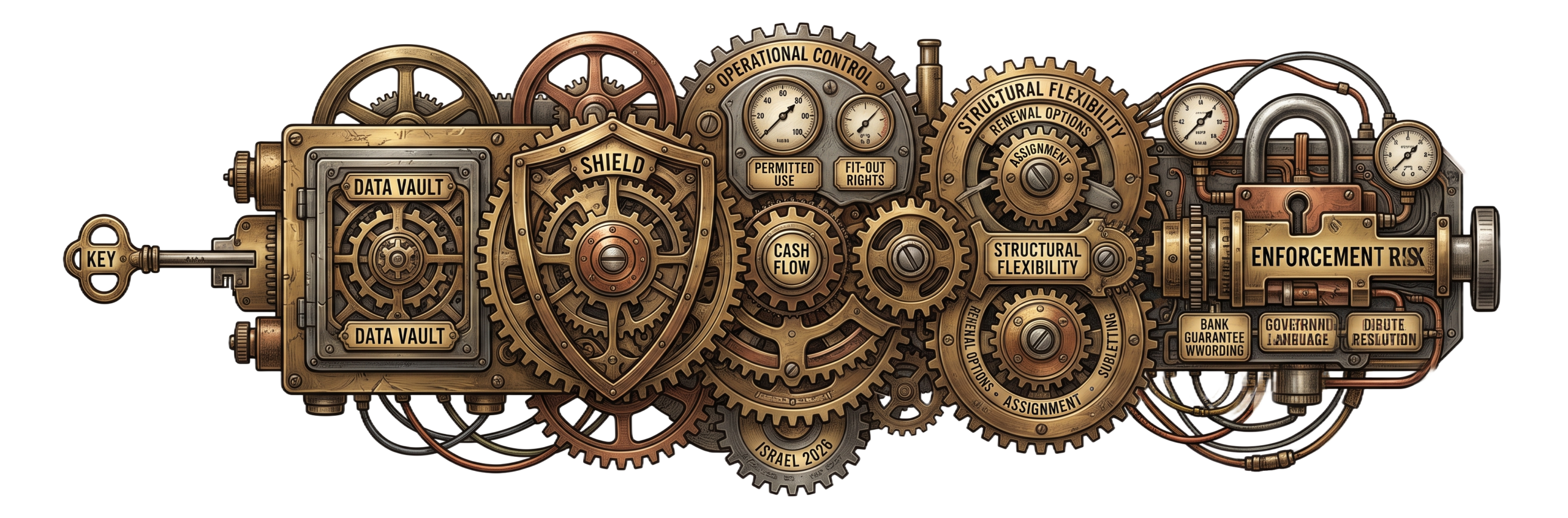 Steampunk mechanical device detailing operational control shields structural flexibility gears and enforcement risk vaults for Israeli commercial lease agreements