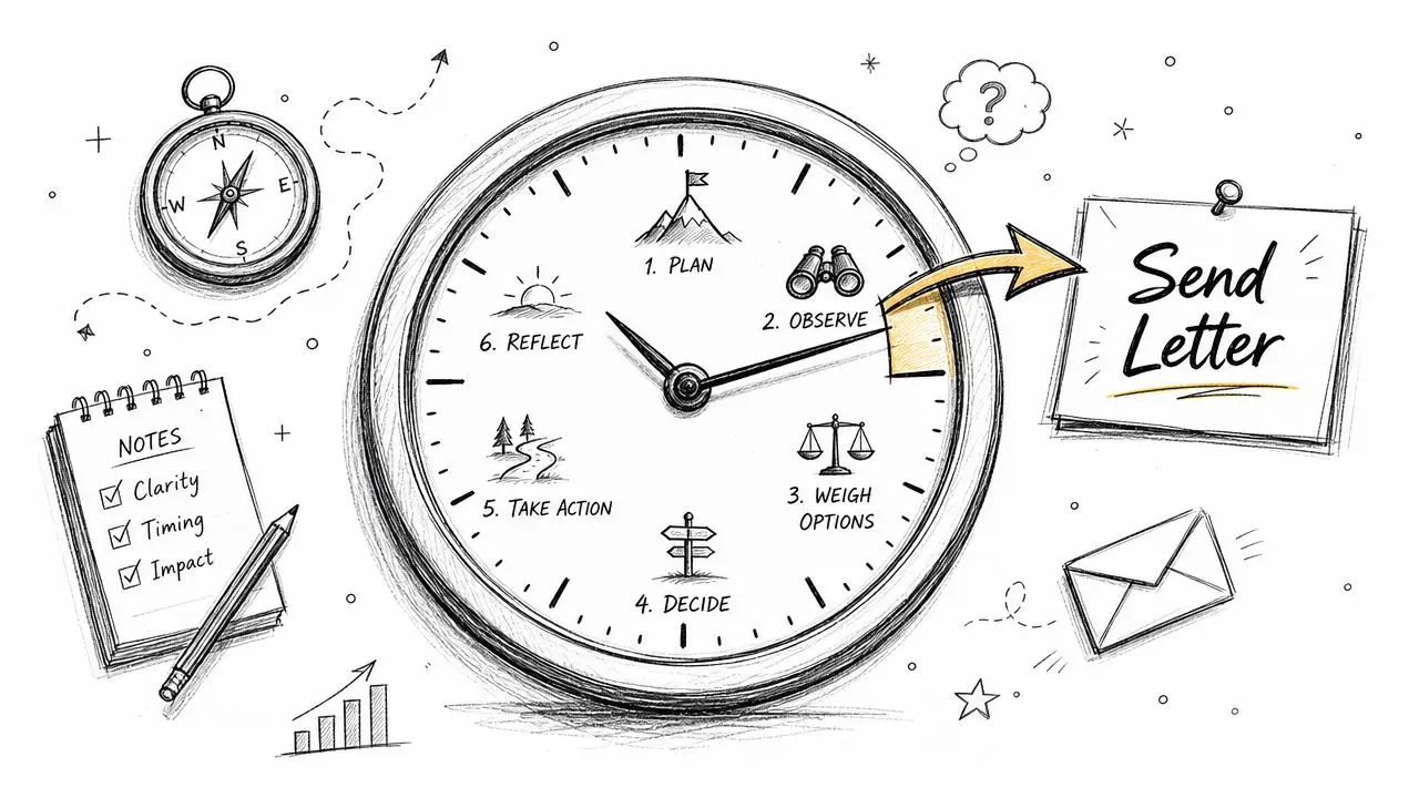 A sketched illustration of a clock featuring six decision-making steps pointing towards sending a letter.