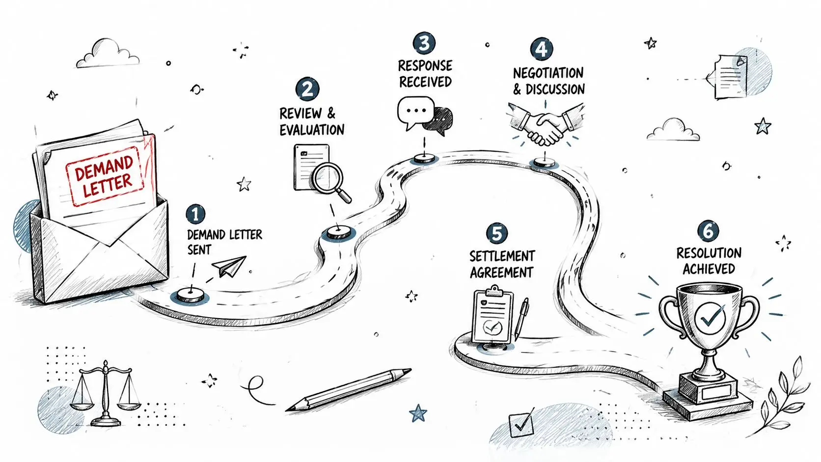 A hand-drawn illustration showing the six-step legal process of resolving a dispute via a demand letter.