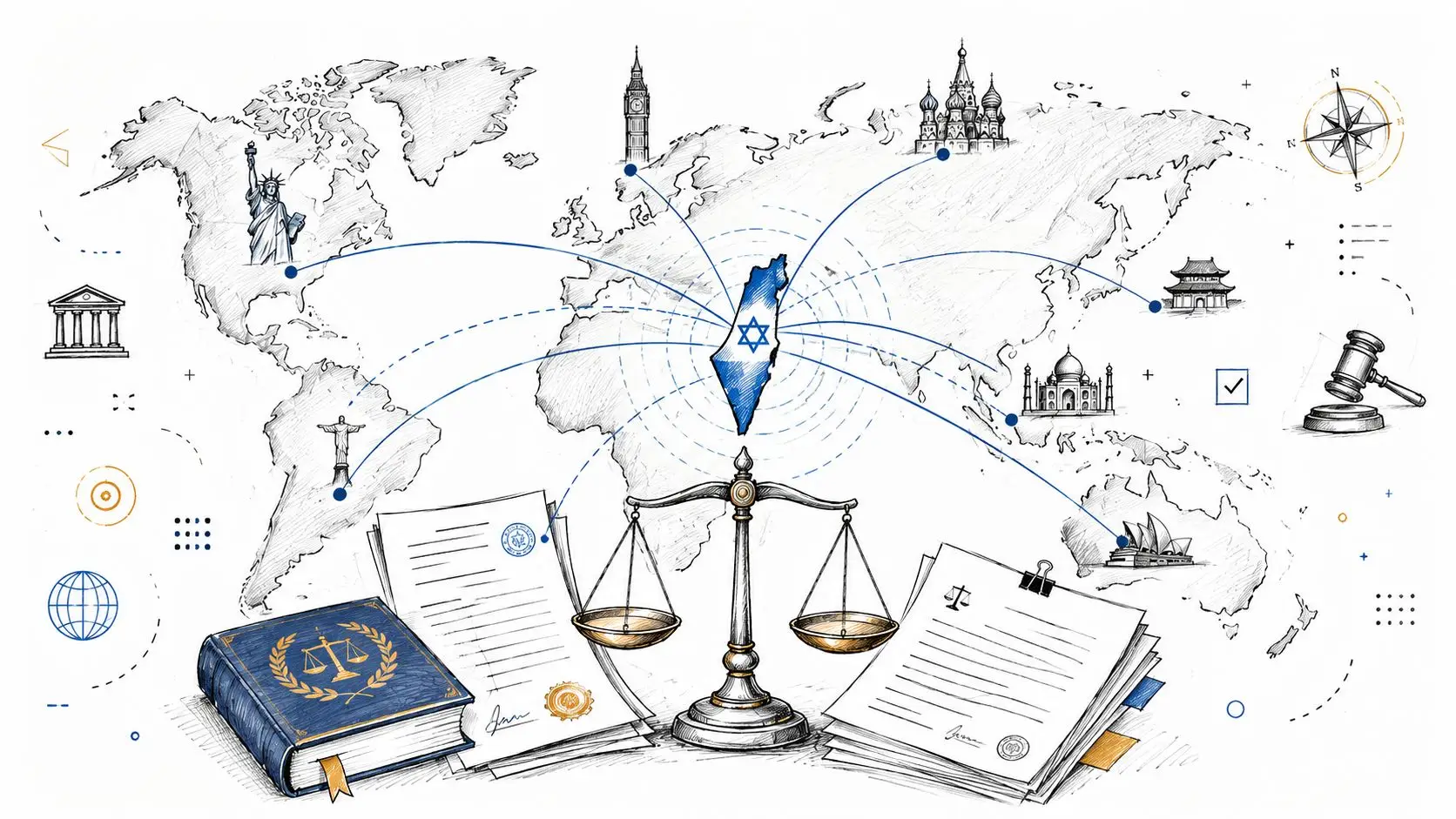 A map of the world showing connections to Israel, with legal scales, law books, and documents.