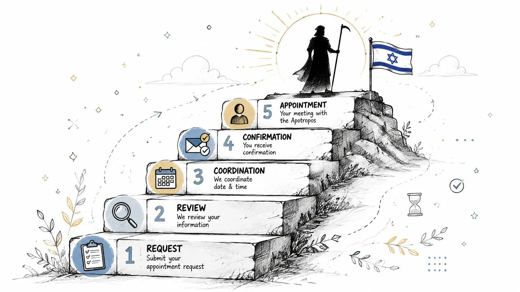 A five-step staircase infographic illustrating the appointment process for an Israeli legal guardian service called Apotropos.