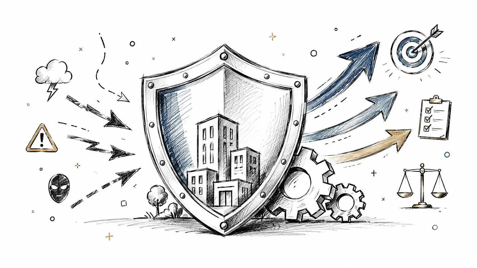 A conceptual sketch showing a protective shield guarding a city from external threats and risks.