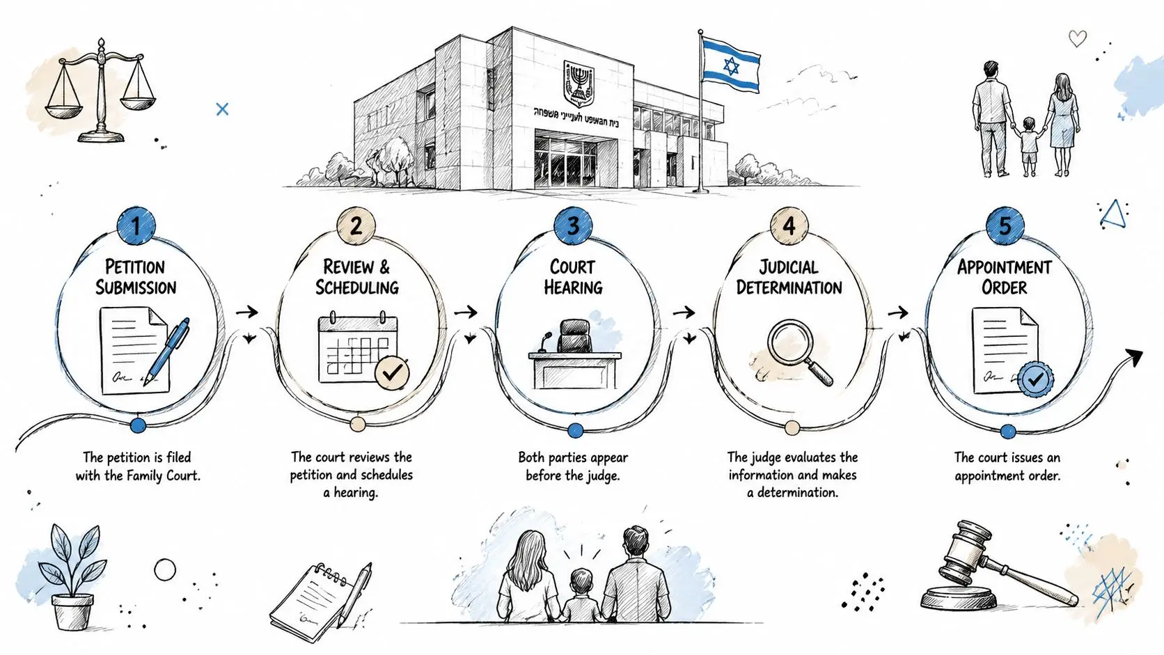 An infographic illustrating the five-step legal process for obtaining legal guardianship in an Israeli Family Court.