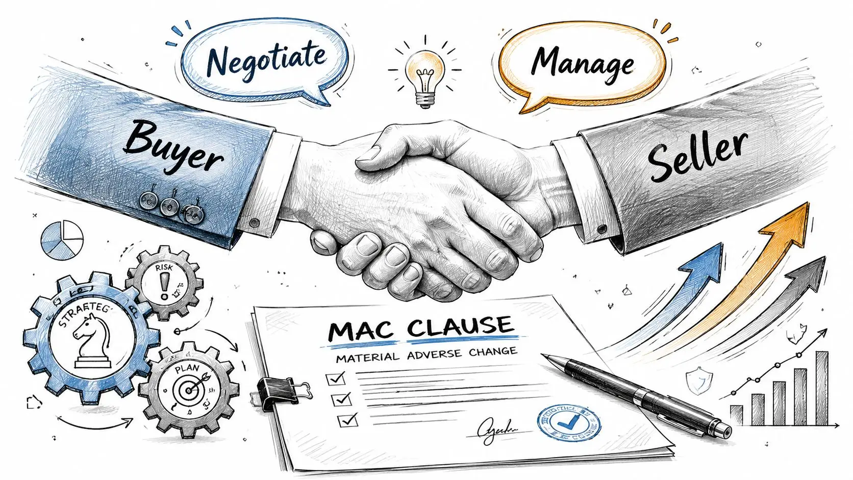 A hand-drawn illustration showing a buyer and seller shaking hands, representing a material adverse change clause agreement.