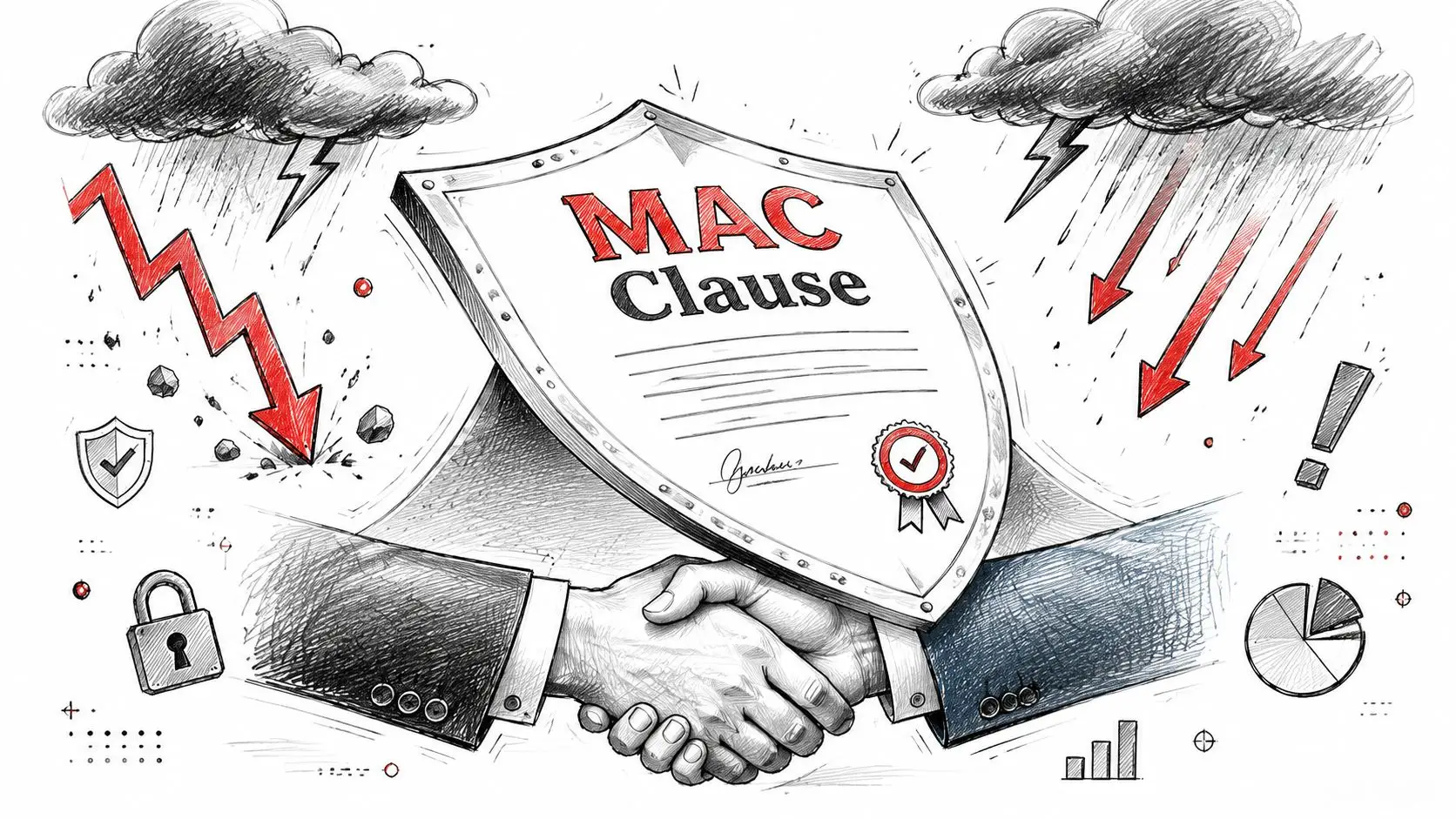 A conceptual illustration of a MAC clause shield protecting a business handshake during a stormy market downturn.