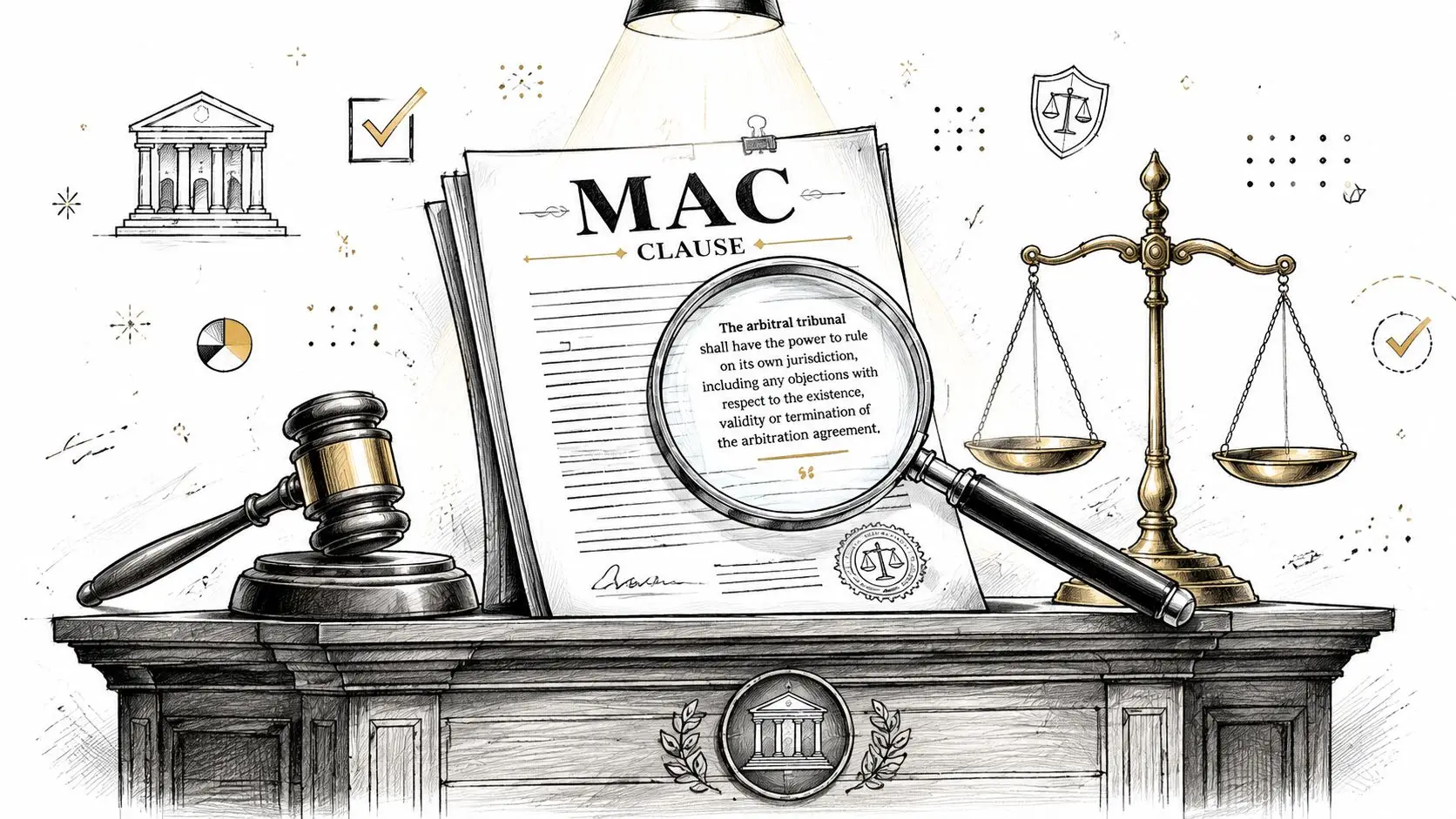 A legal document featuring a MAC clause displayed under a magnifying glass with a gavel and scales.