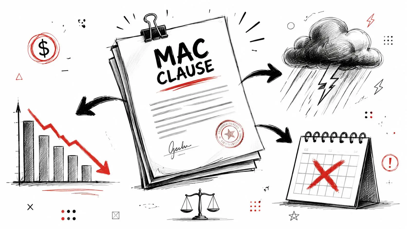A hand-drawn illustration depicting a Material Adverse Change (MAC) clause document with business risks and legal symbols.