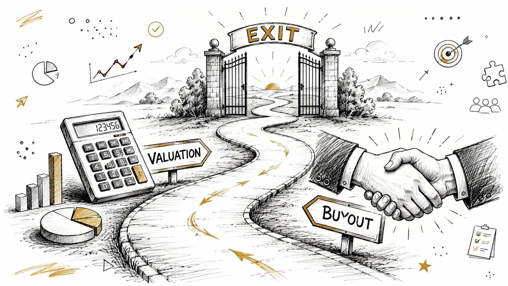 A hand-drawn illustration depicting a business exit strategy, featuring a valuation calculator, buyout handshake, and exit gate.