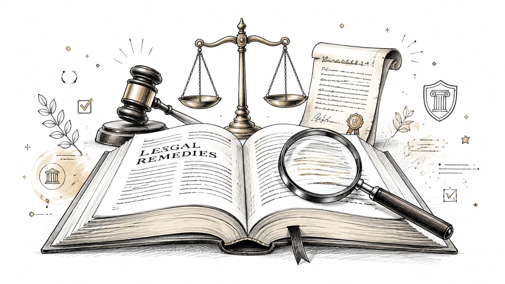 A courtroom themed illustration featuring an open book labeled Legal Remedies, a wooden gavel, and balance scales.