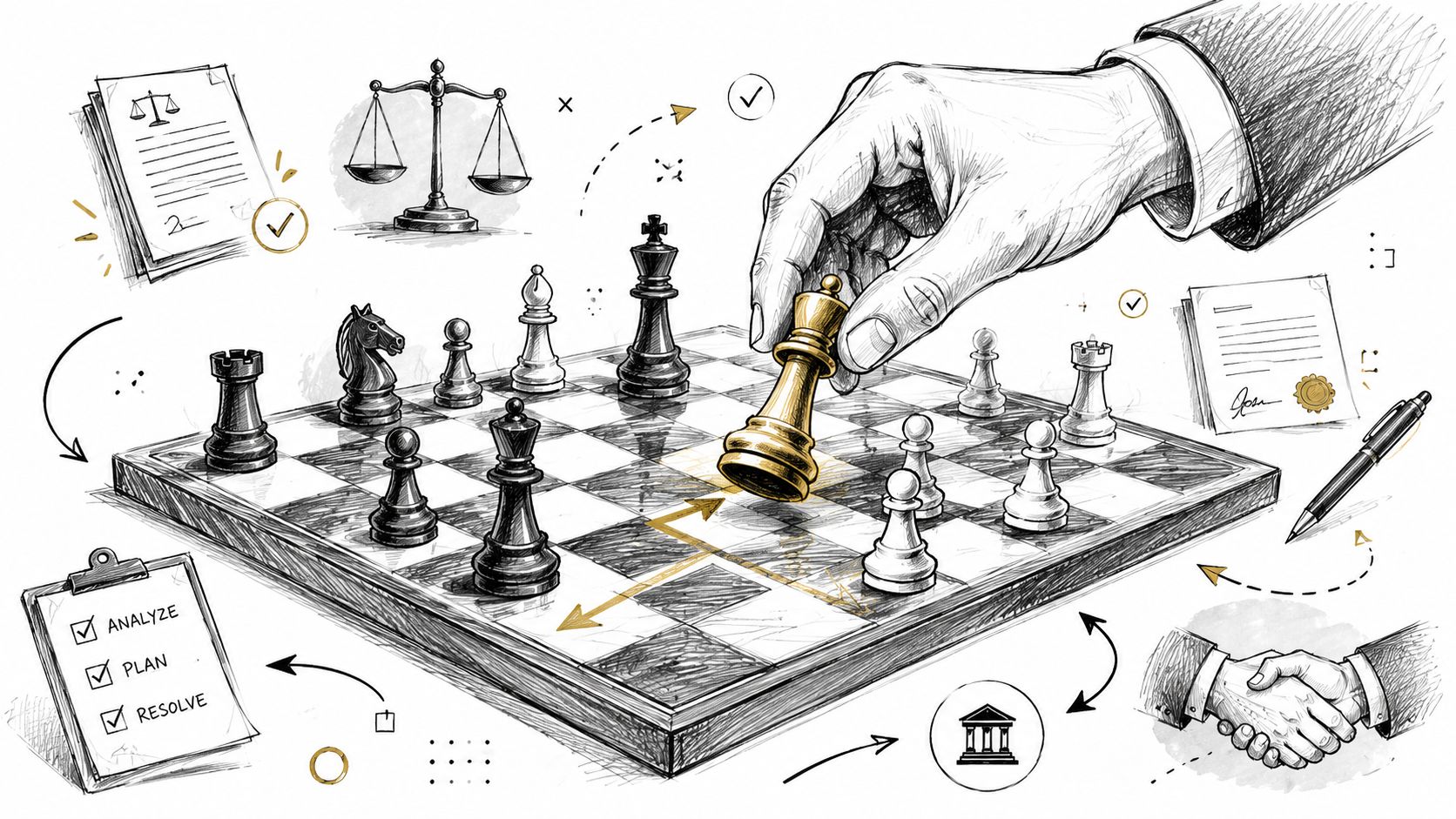 A conceptual illustration of strategic business planning, featuring a hand moving a gold chess piece on a board.
