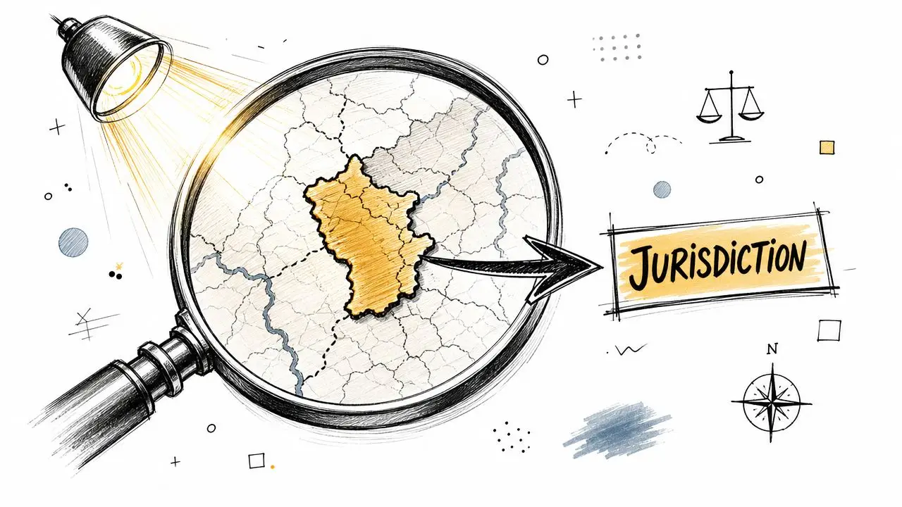 A magnifying glass focusing on a map area, pointing towards the word Jurisdiction in a legal context.