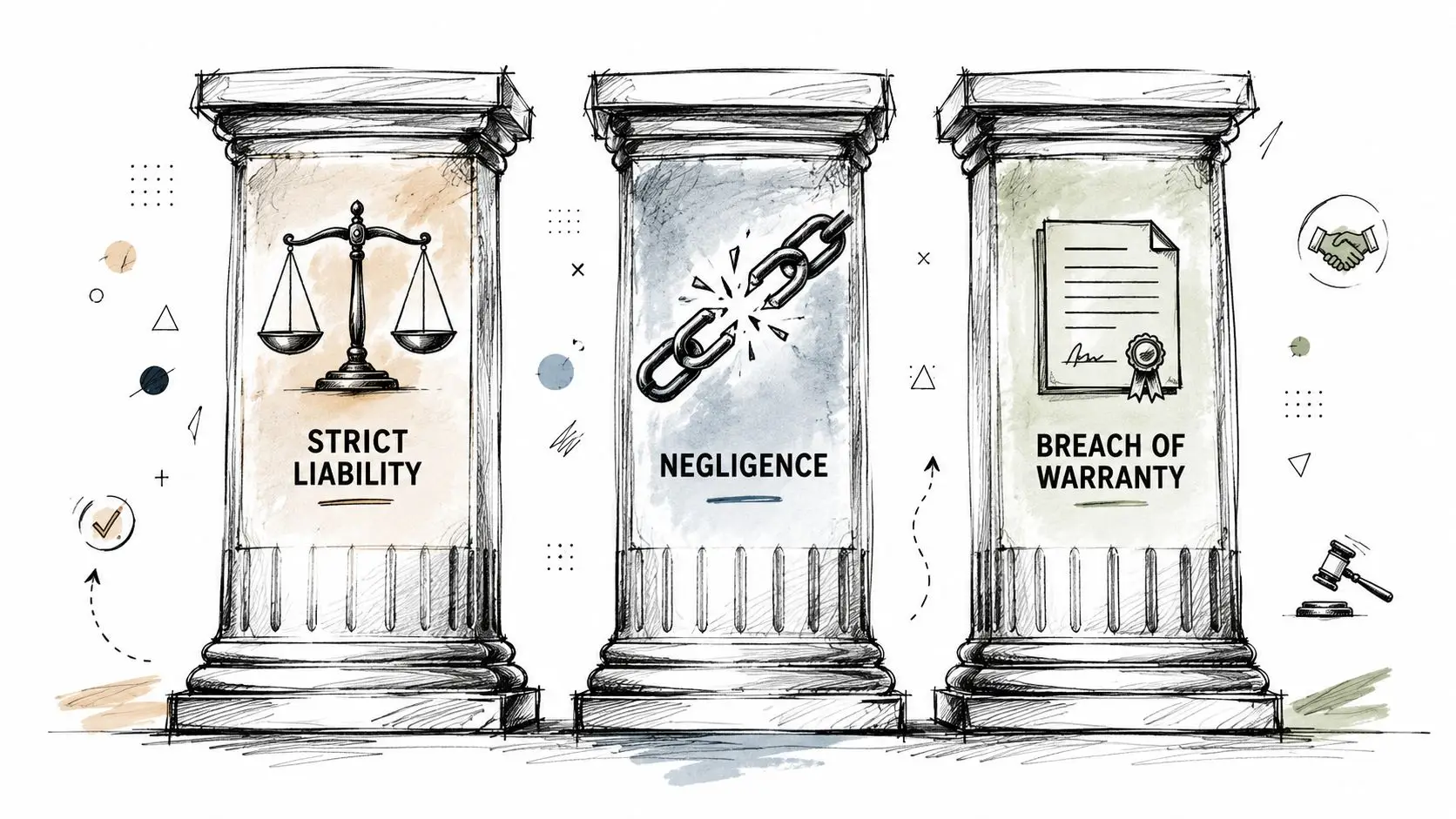 A digital illustration showing three pillars labeled Strict Liability, Negligence, and Breach of Warranty for legal context.