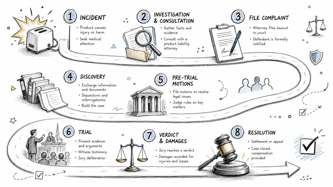 An illustrated infographic showing the eight steps of a product liability lawsuit from incident to final resolution.