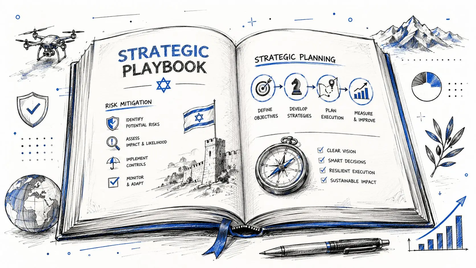 A hand-drawn illustration of a strategic playbook book featuring risk mitigation steps and strategic planning icons.