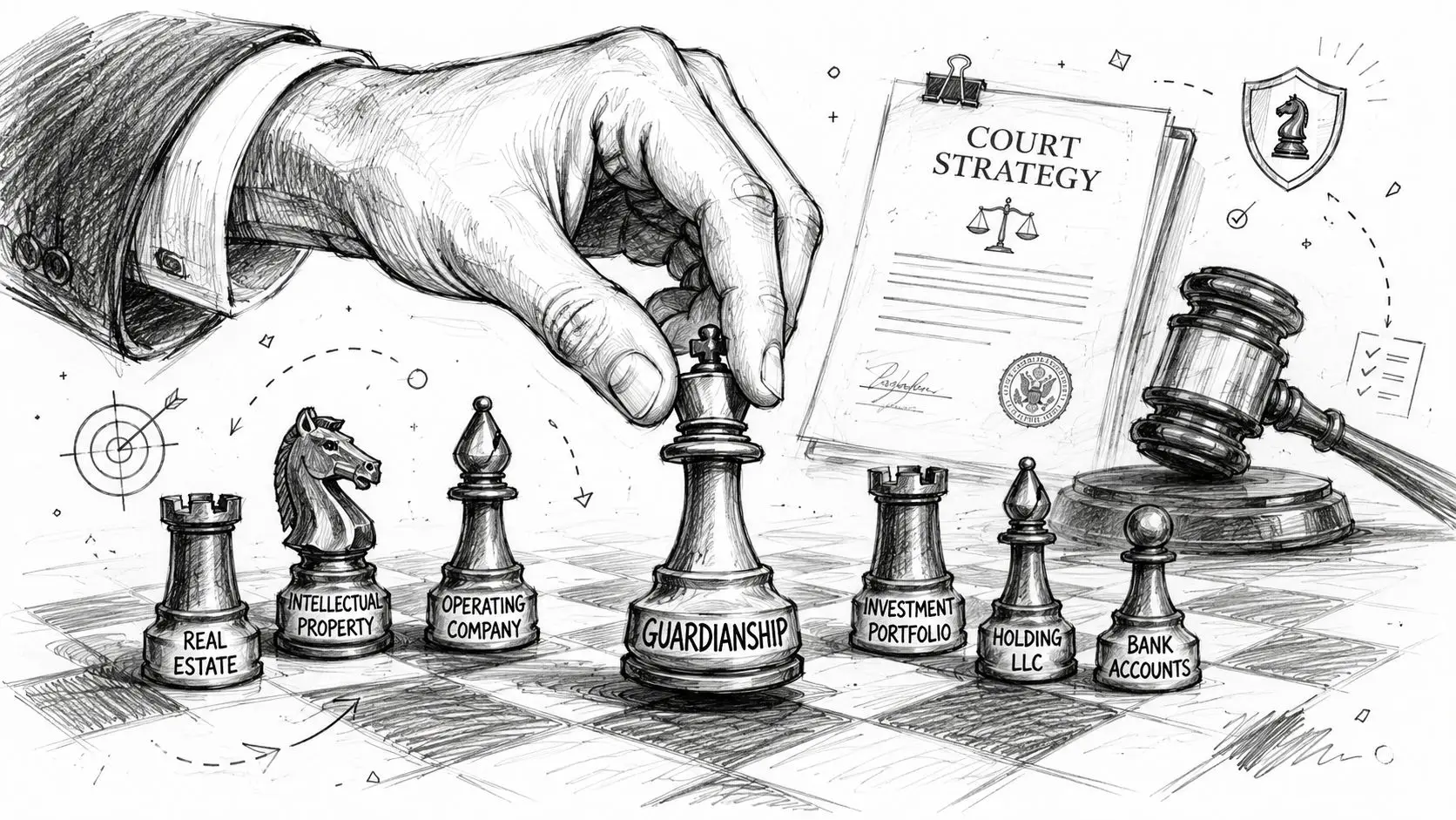 A hand positioning a chess piece labeled Guardianship among assets like real estate and bank accounts.