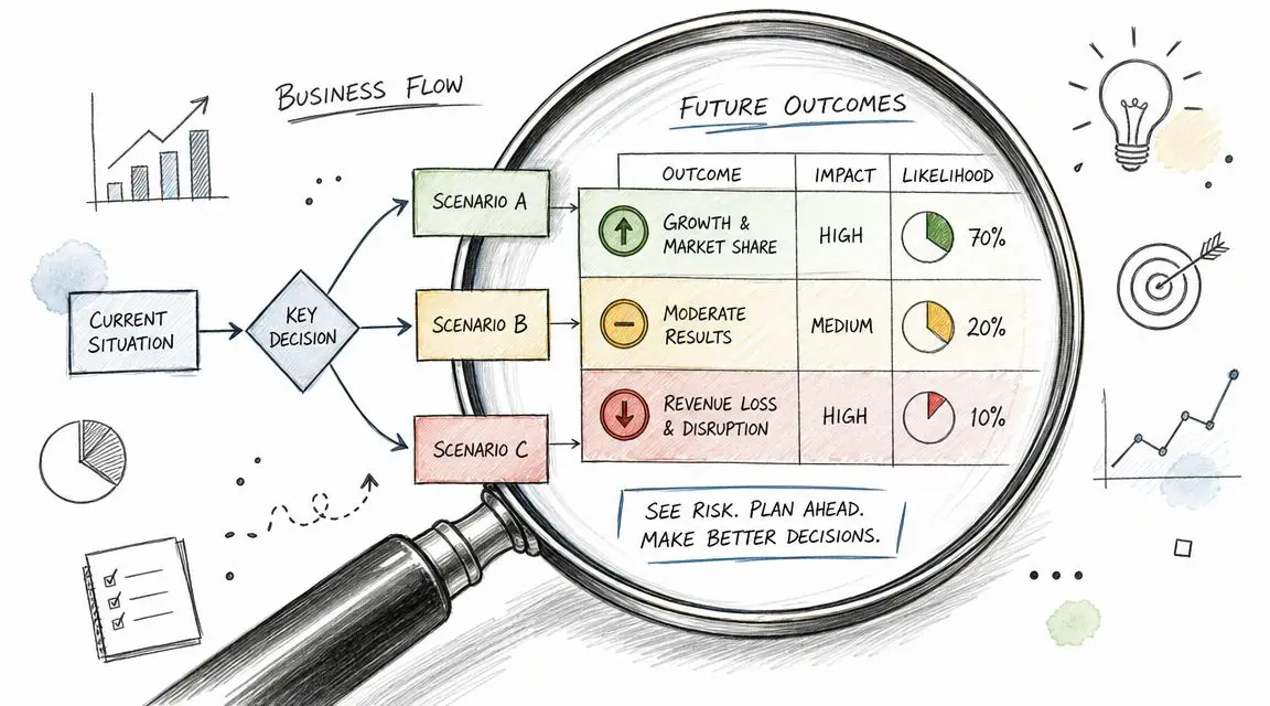 A hand-drawn illustration showing a business flow chart leading to a magnifying glass analyzing three distinct future scenarios.