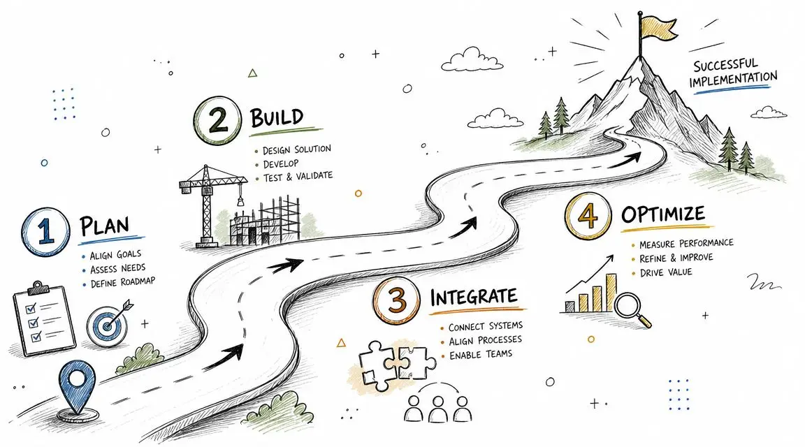 An illustrated roadmap showing four business stages: Plan, Build, Integrate, and Optimize towards successful implementation.