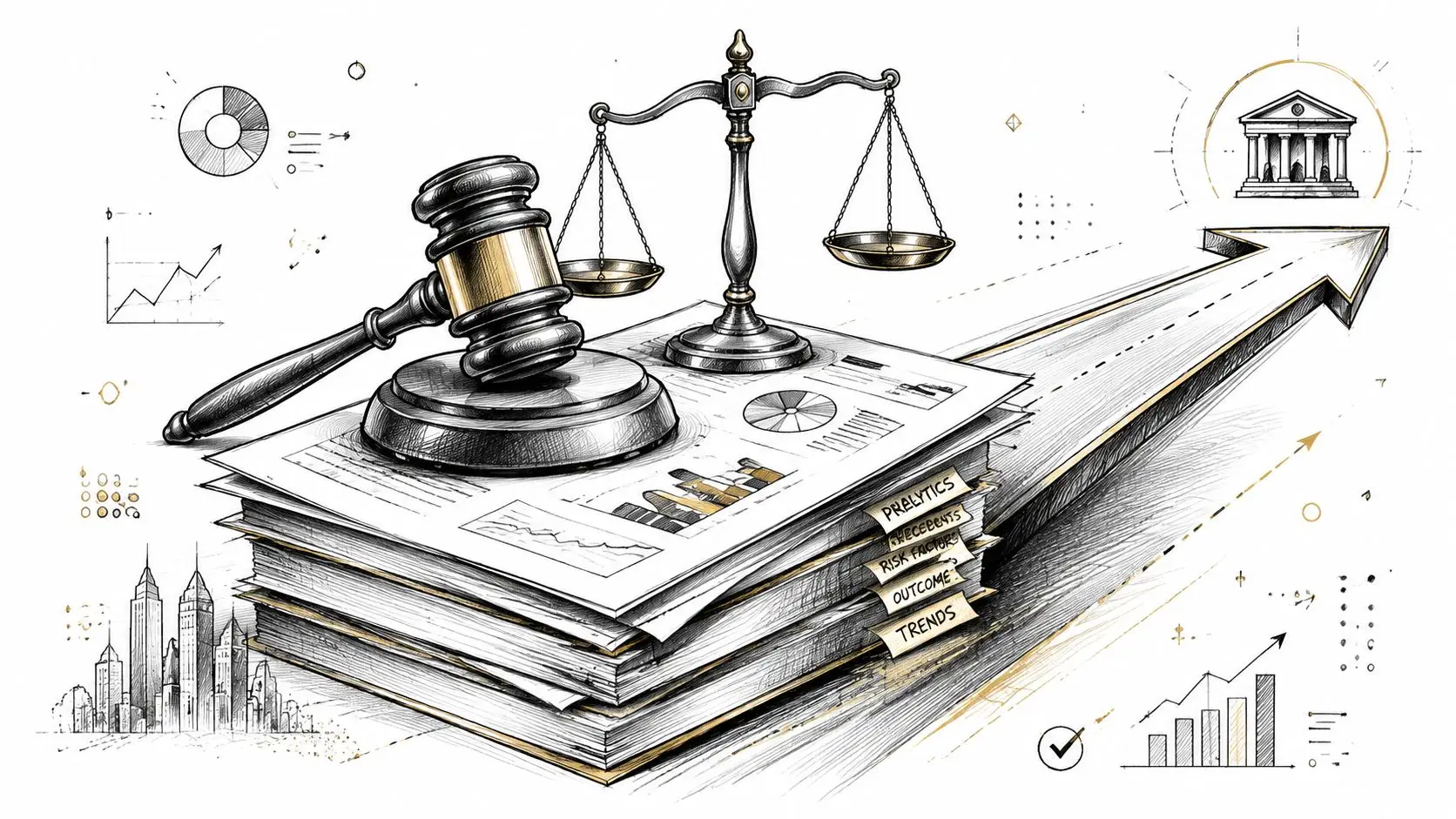 A gavel and scales of justice resting on documents with data charts, symbolizing legal risk management and analytics.