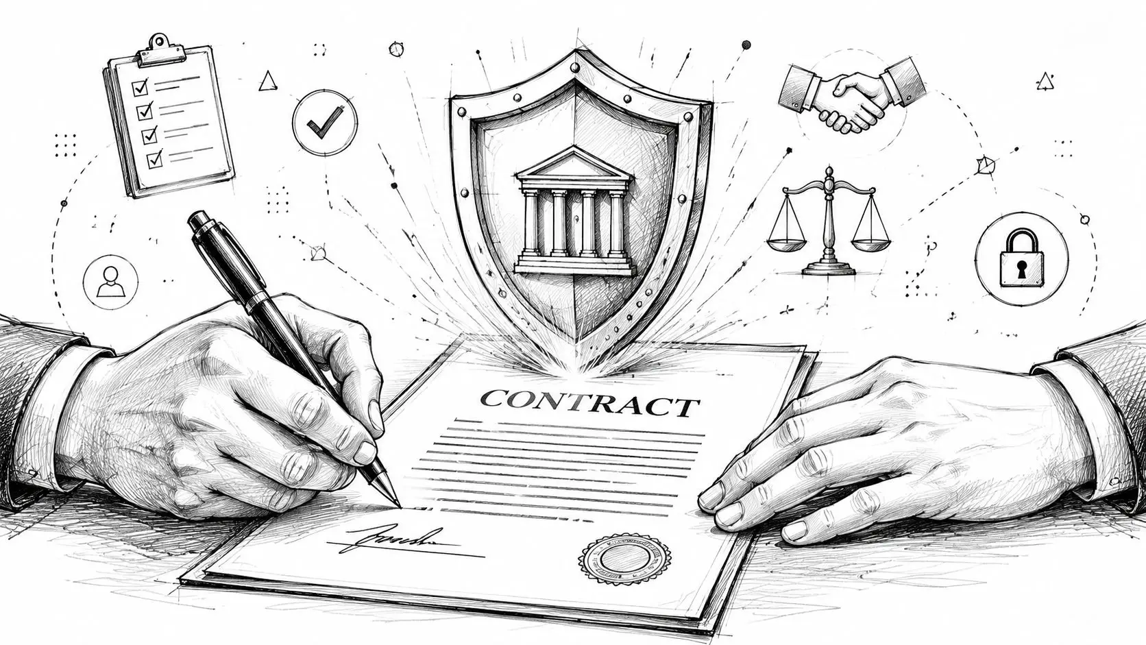 A close-up sketch of hands signing a legal contract representing banking security and professional audit procedures.