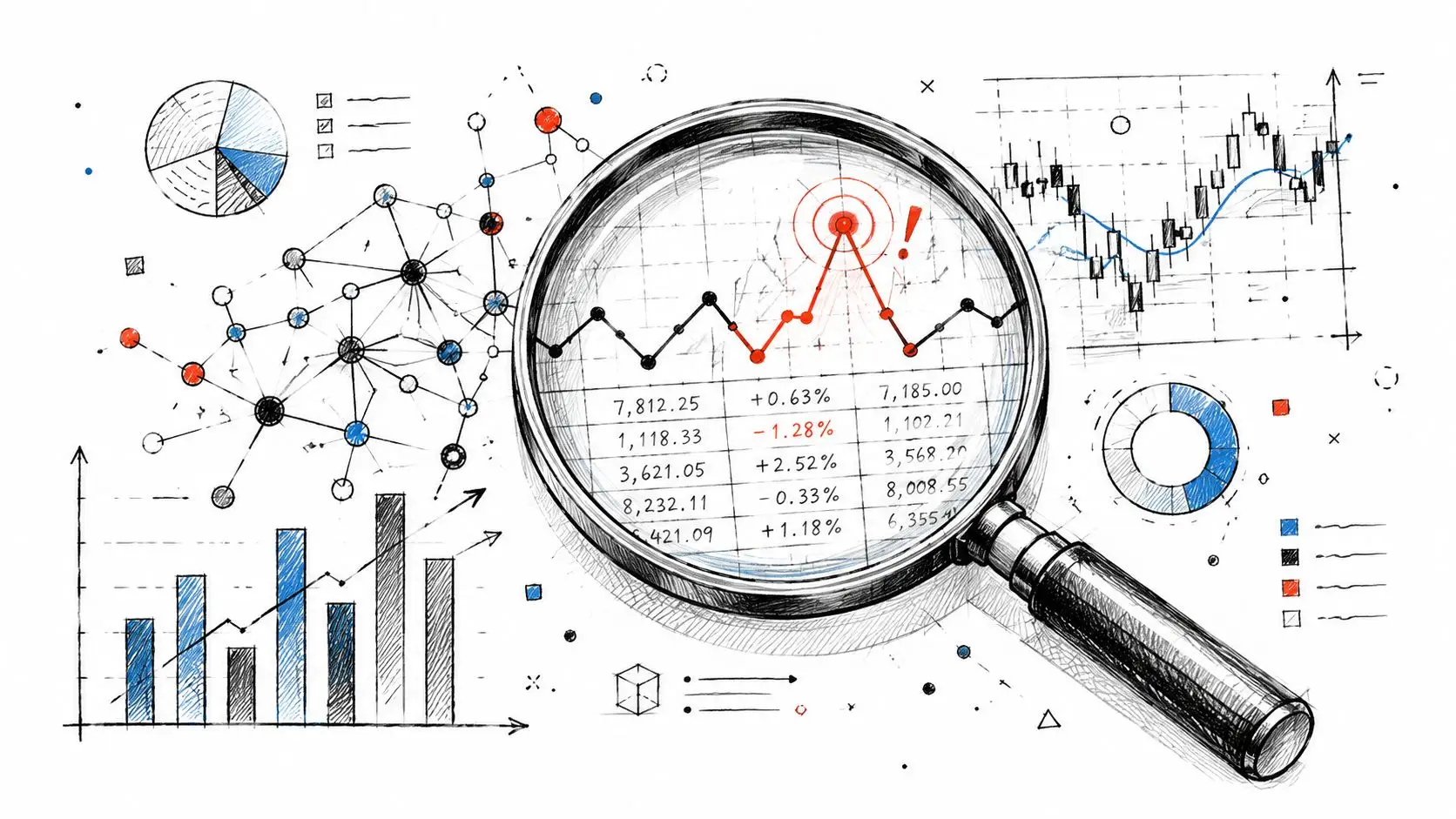 A hand-drawn illustration showing a magnifying glass over financial charts, graphs, and data tables.