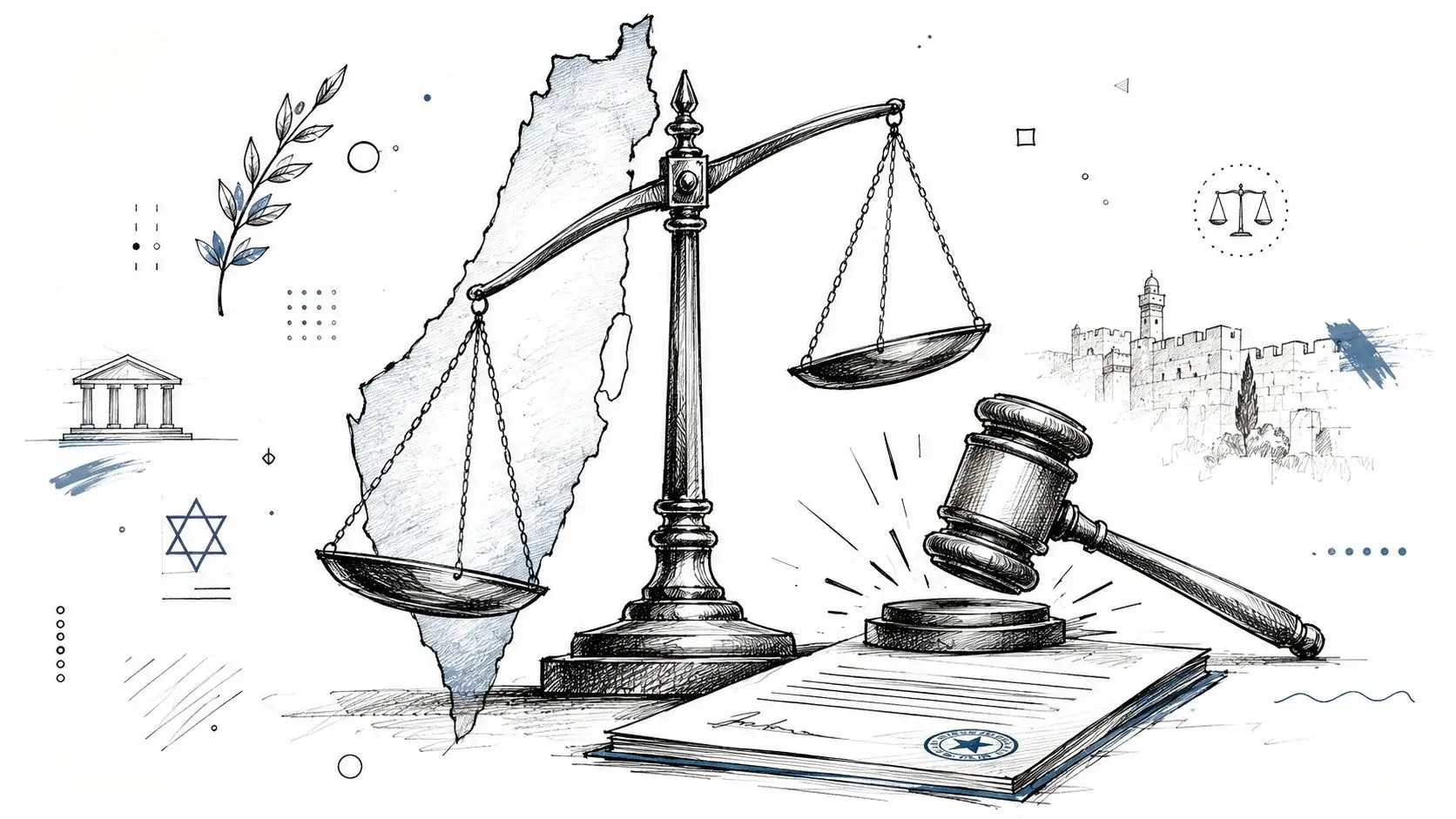 A conceptual illustration featuring a scales of justice over a map of Israel with a wooden gavel.