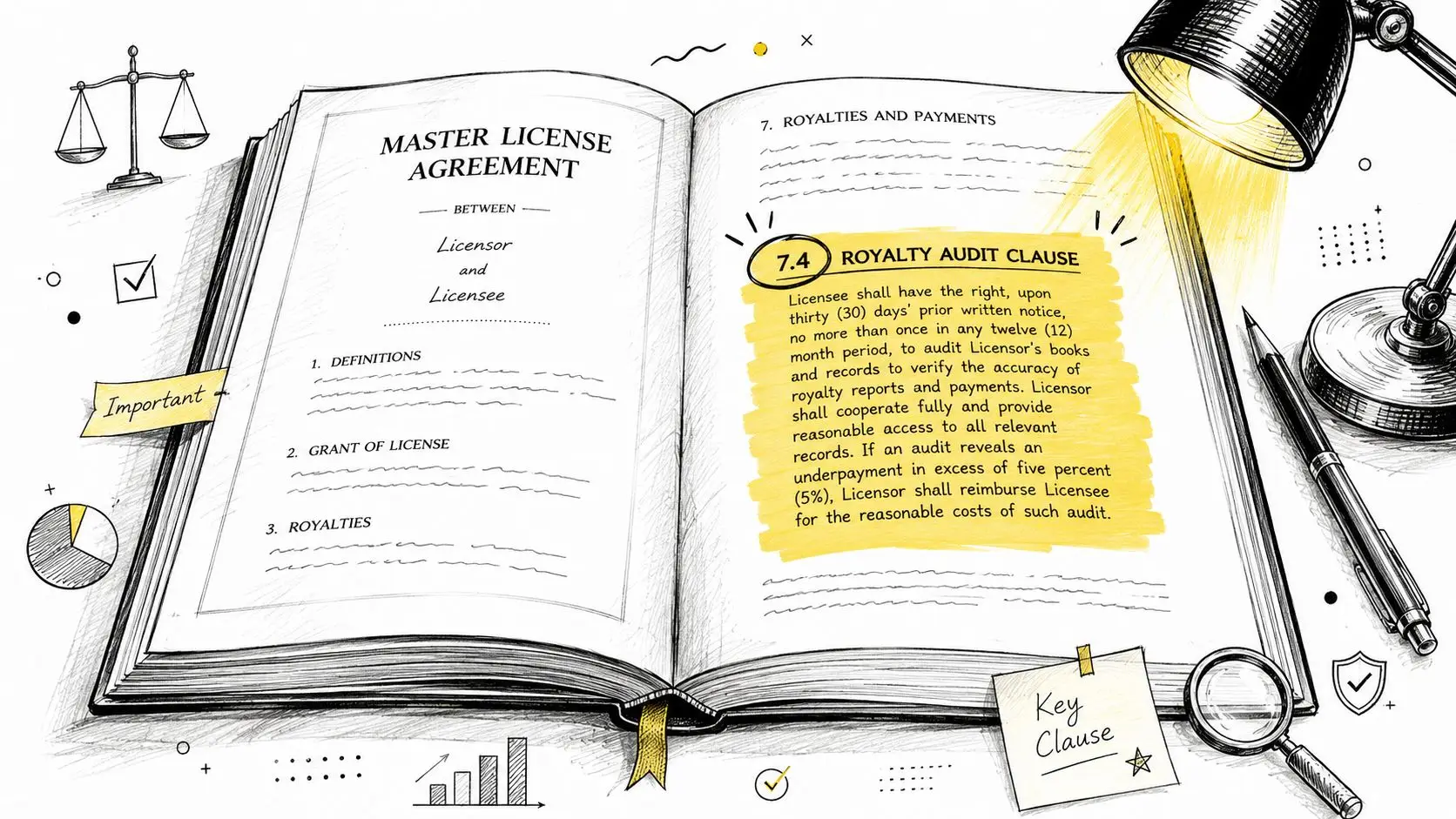 An open book showing a Master License Agreement highlighting a 7.4 Royalty Audit Clause in yellow.