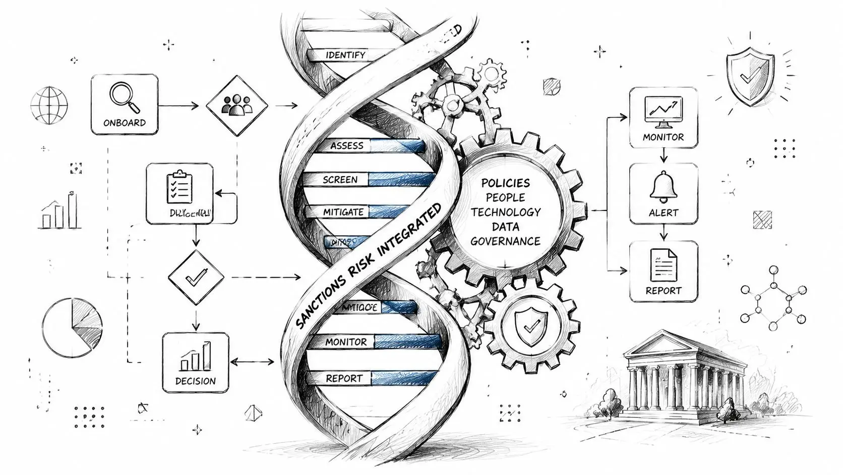 A conceptual diagram showing a DNA helix structure representing integrated sanctions risk assessment, management, and regulatory compliance processes.