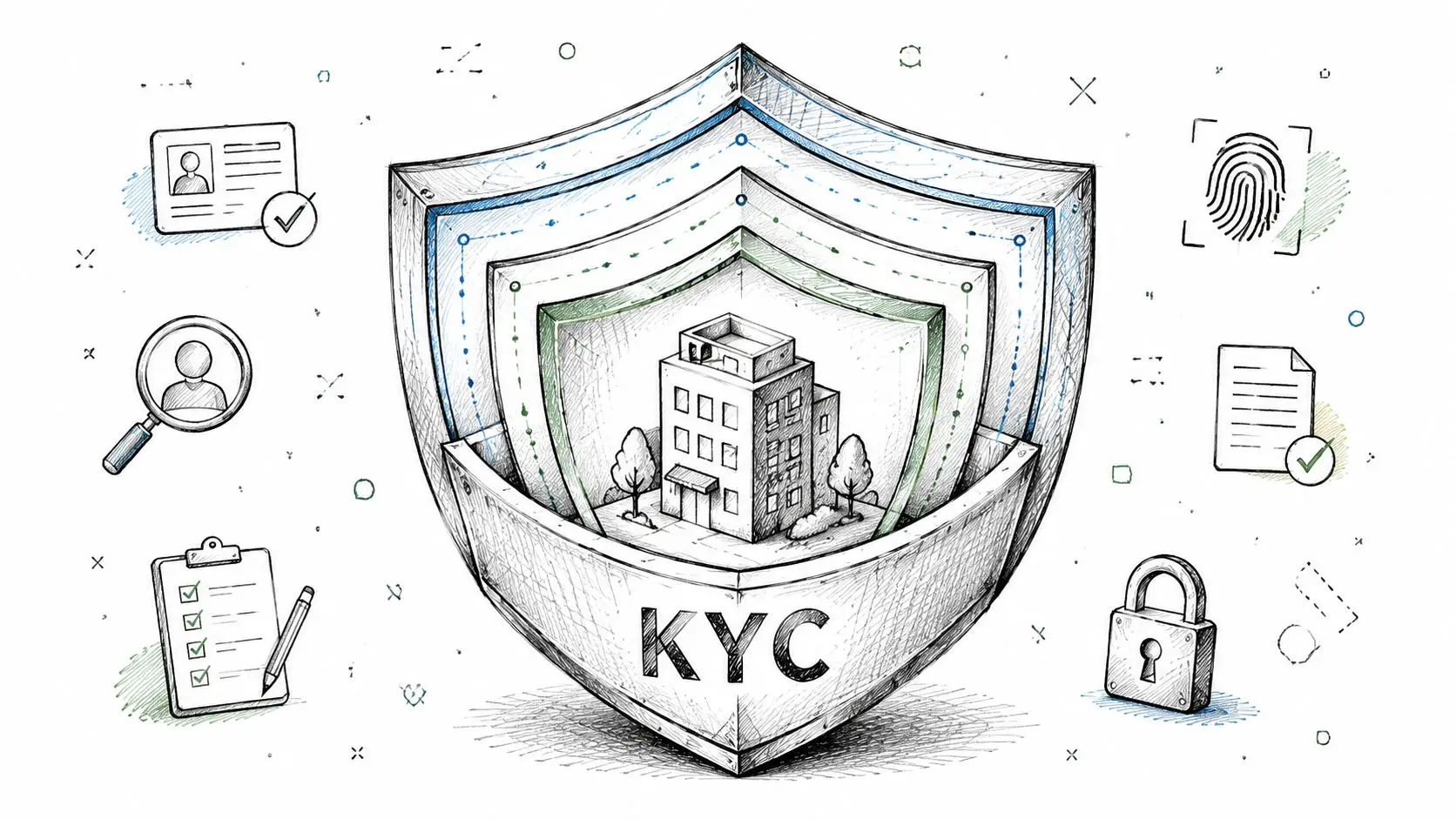 A conceptual illustration of a KYC shield protecting a building, surrounded by icons representing identity verification.