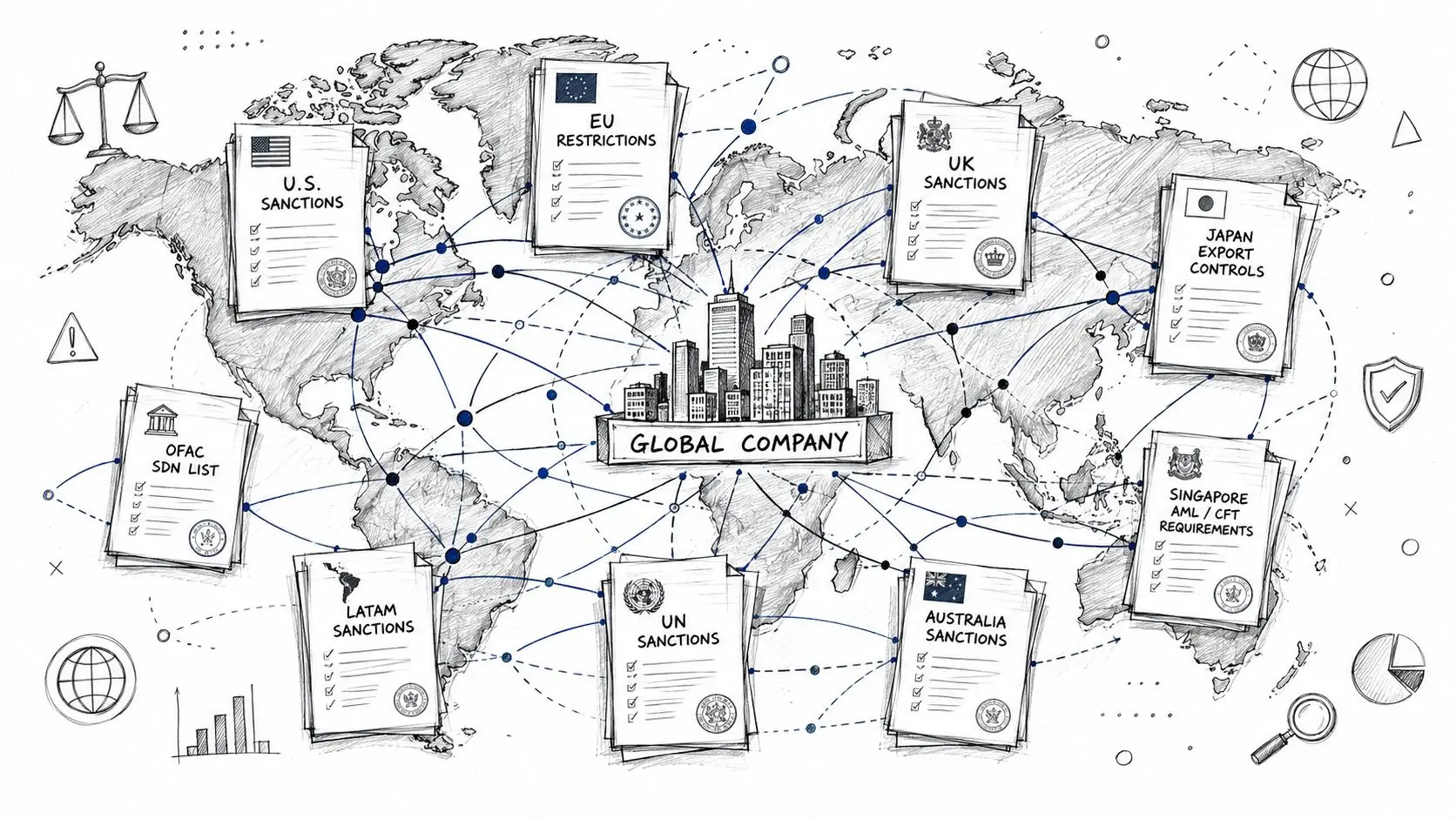 A conceptual map showing a global company connected to various international sanctions and regulatory compliance document frameworks.