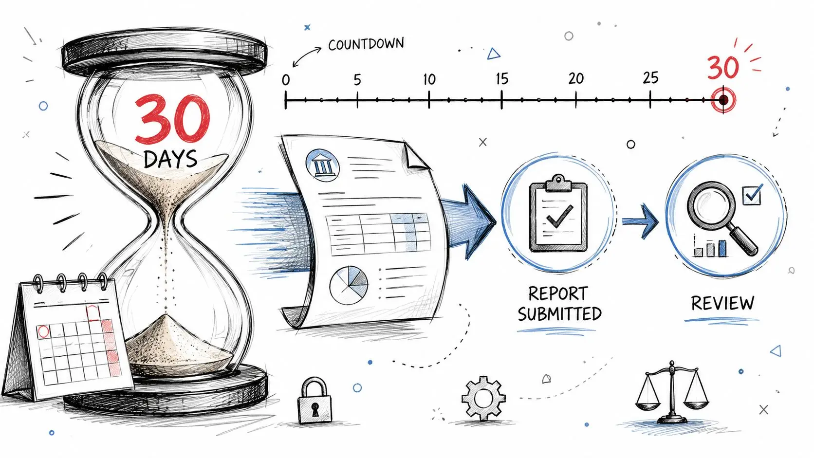 A hand-drawn illustration showing a 30-day countdown timeline, document submission process, and professional financial review steps.