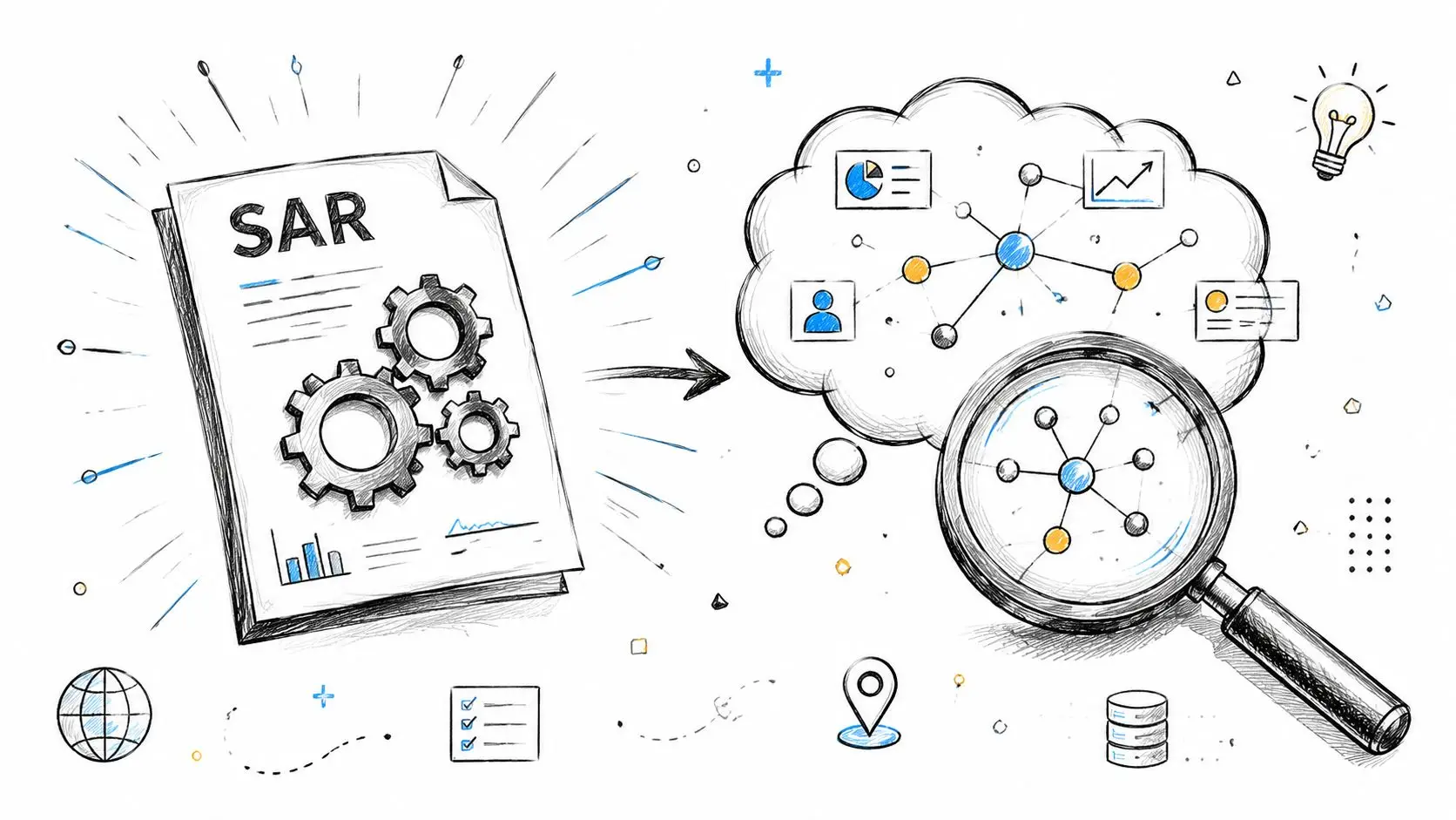 A conceptual illustration of suspicious activity reporting with documents, gear icons, and analytical network visualizations.