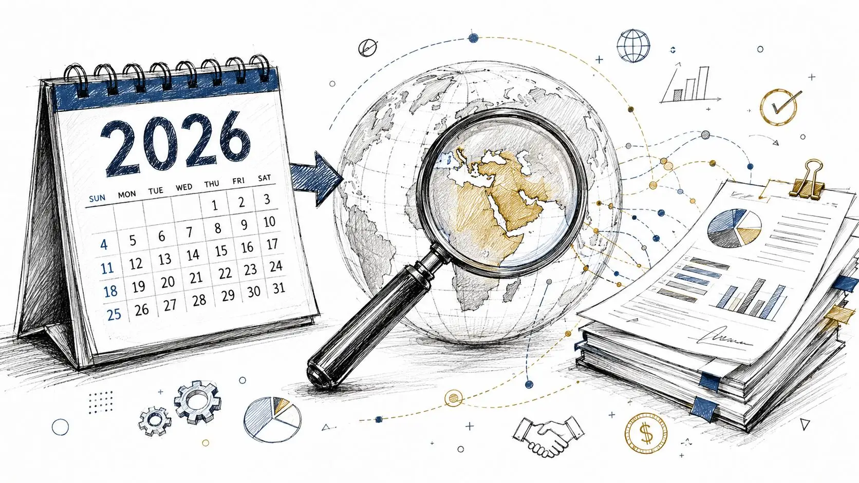 A conceptual illustration showing a 2026 calendar, a magnifying glass over a globe, and business documents.