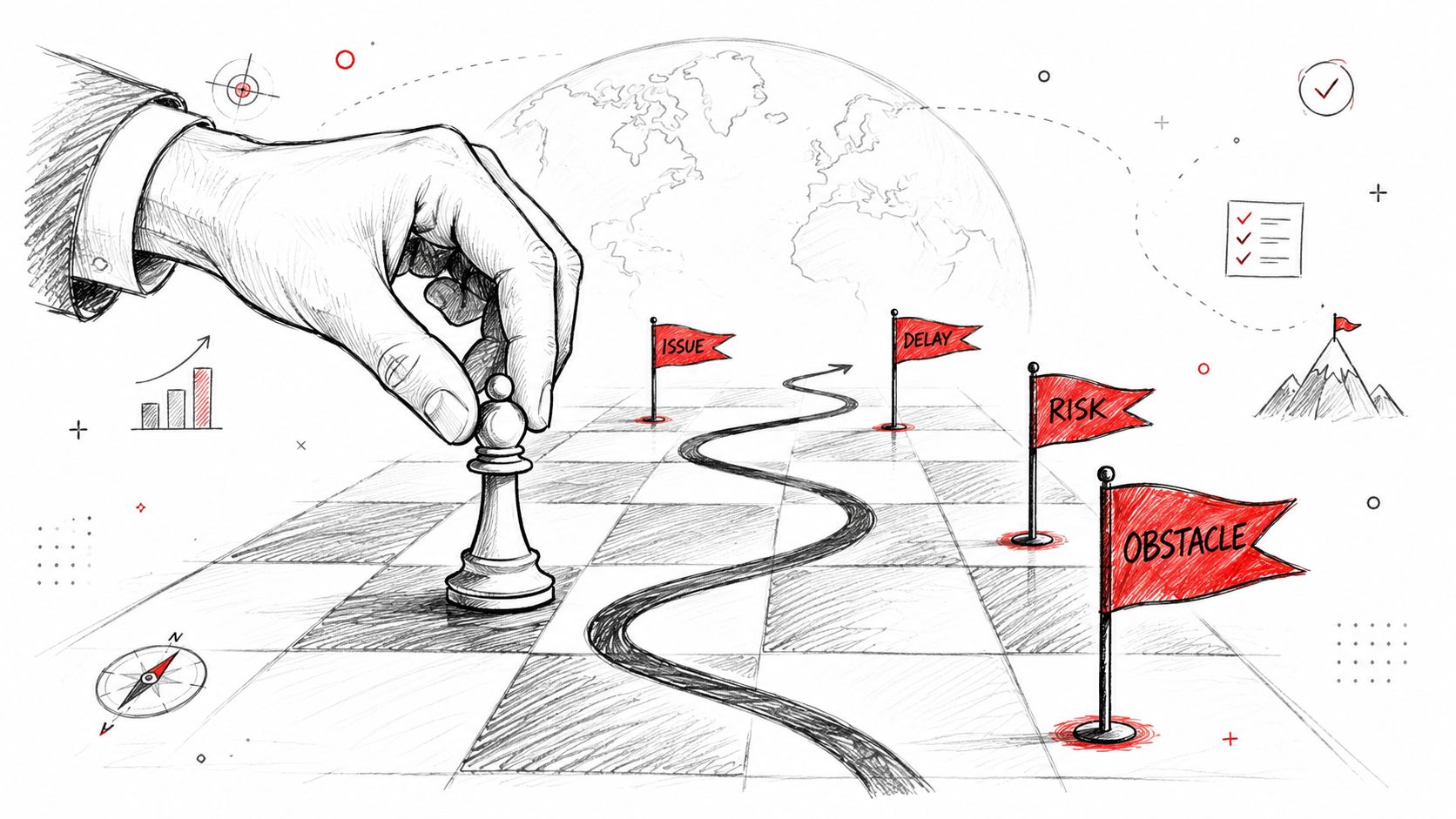 A hand moving a chess piece on a board with flags representing issues, delays, risks, and obstacles.