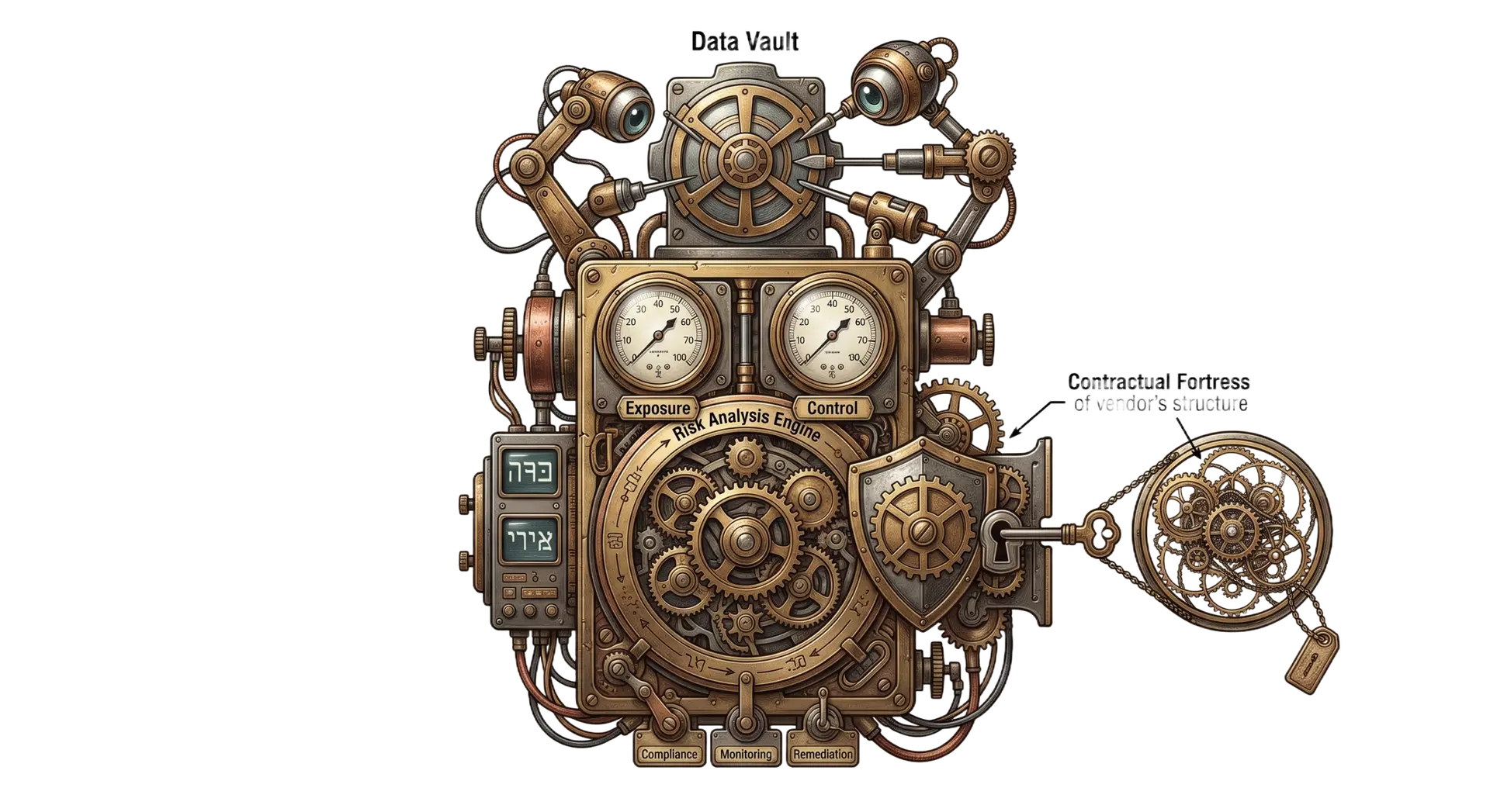 An intricate steampunk risk analysis engine showing mechanical brass gears, pressure gauges tracking exposure and control, and a secure vault representing cross-border vendor due diligence