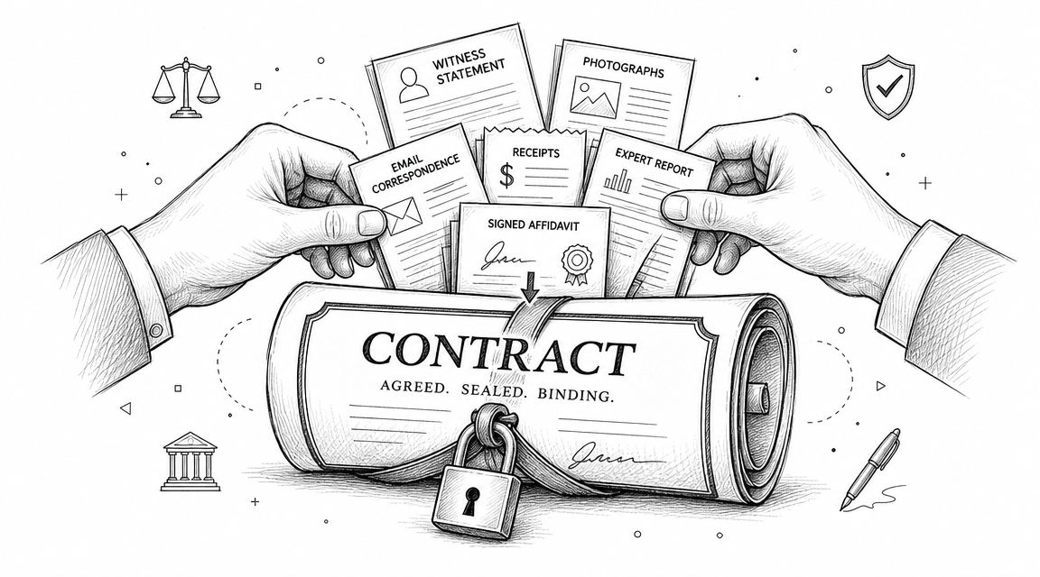 Line art illustration of hands organizing legal evidence files above a large sealed and locked contract scroll.