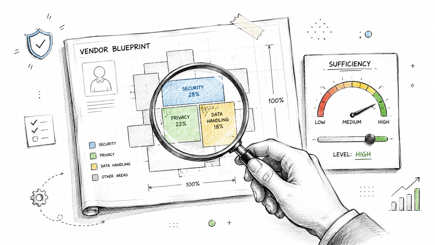 A hand using a magnifying glass to inspect a vendor blueprint showing data security and compliance ratings.