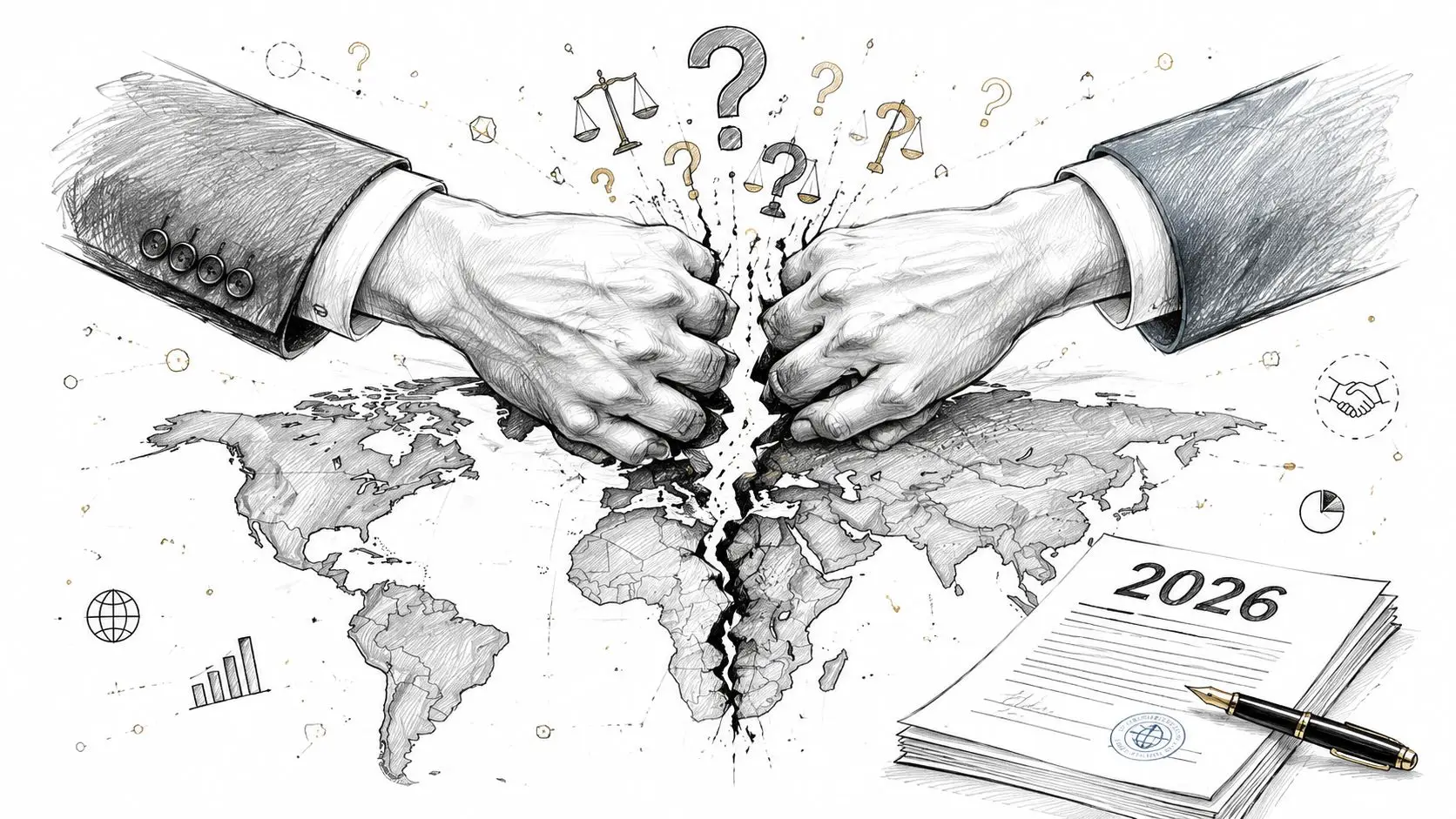 A pencil sketch of two hands tearing a world map apart, symbolizing global geopolitical conflict and legal disputes.