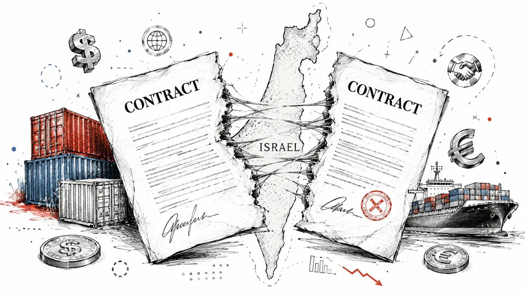 An illustration depicting a torn contract over a map of Israel with shipping containers and financial symbols.
