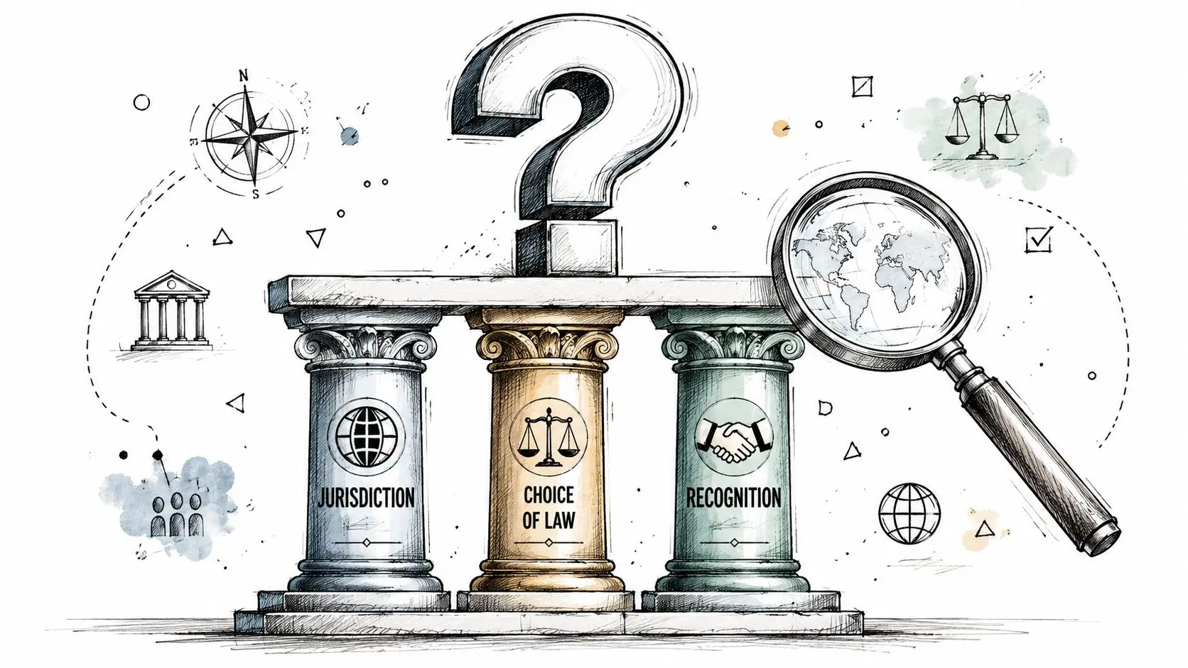 A hand-drawn illustration depicting three columns labeled Jurisdiction, Choice of Law, and Recognition under a question mark.