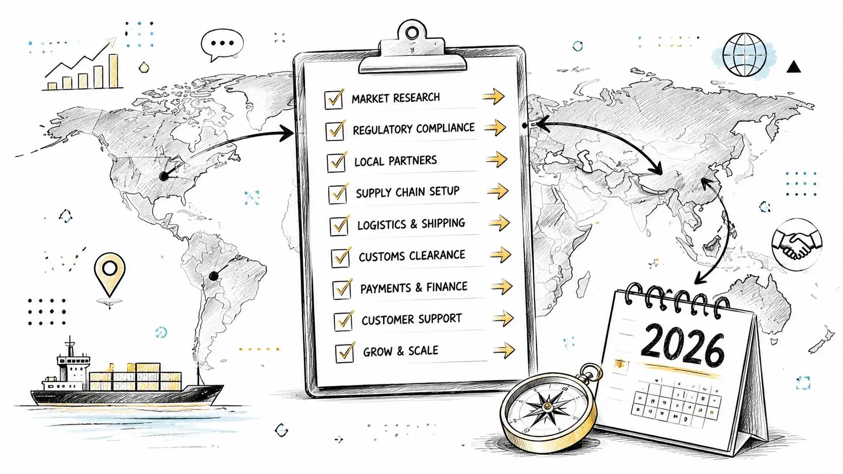 A checklist representing international business expansion steps, including market research, logistics, and scaling, next to a 2026 calendar.