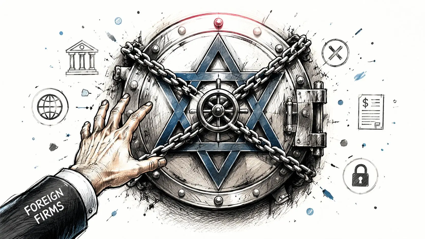 A hand labelled 'Foreign Firms' reaching towards a locked vault door adorned with a blue Star of David.