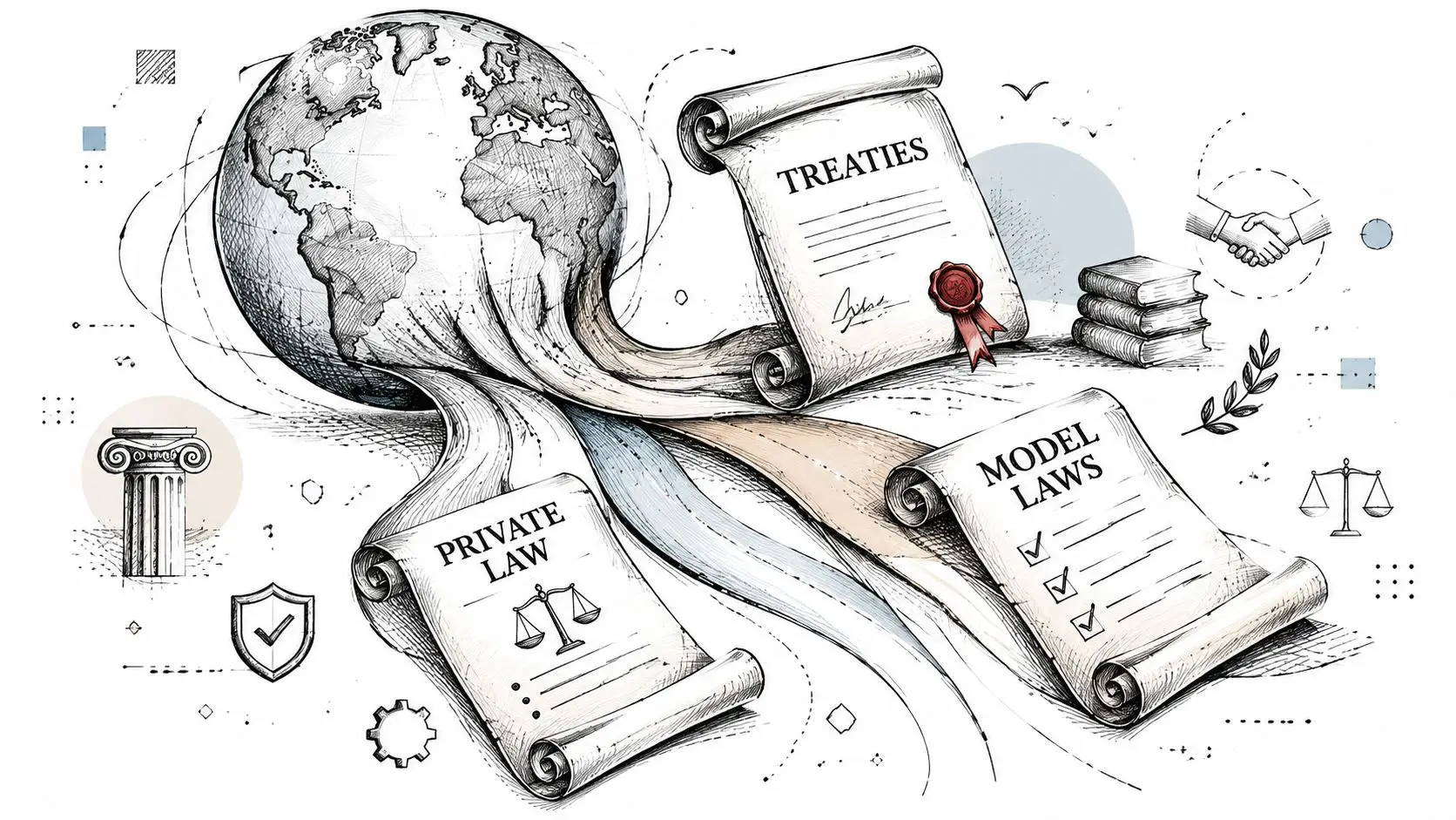 An illustration showing a globe connected to scrolls representing treaties, private law, and model laws globally.