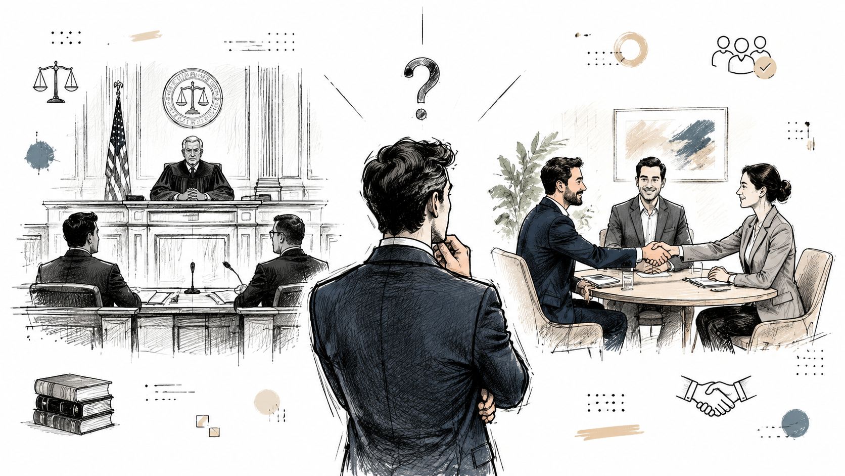 A person contemplating the choice between courtroom litigation and professional mediation and settlement.