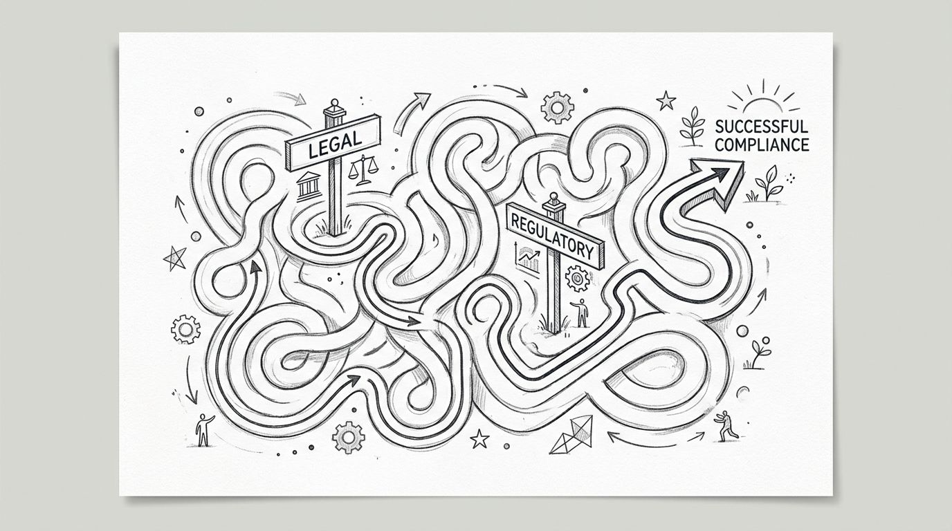 A pencil sketch illustrating a complex maze with signs labeled Legal and Regulatory leading toward Successful Compliance.