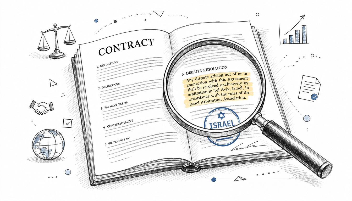 A magnifying glass focusing on a dispute resolution clause in a legal business contract.